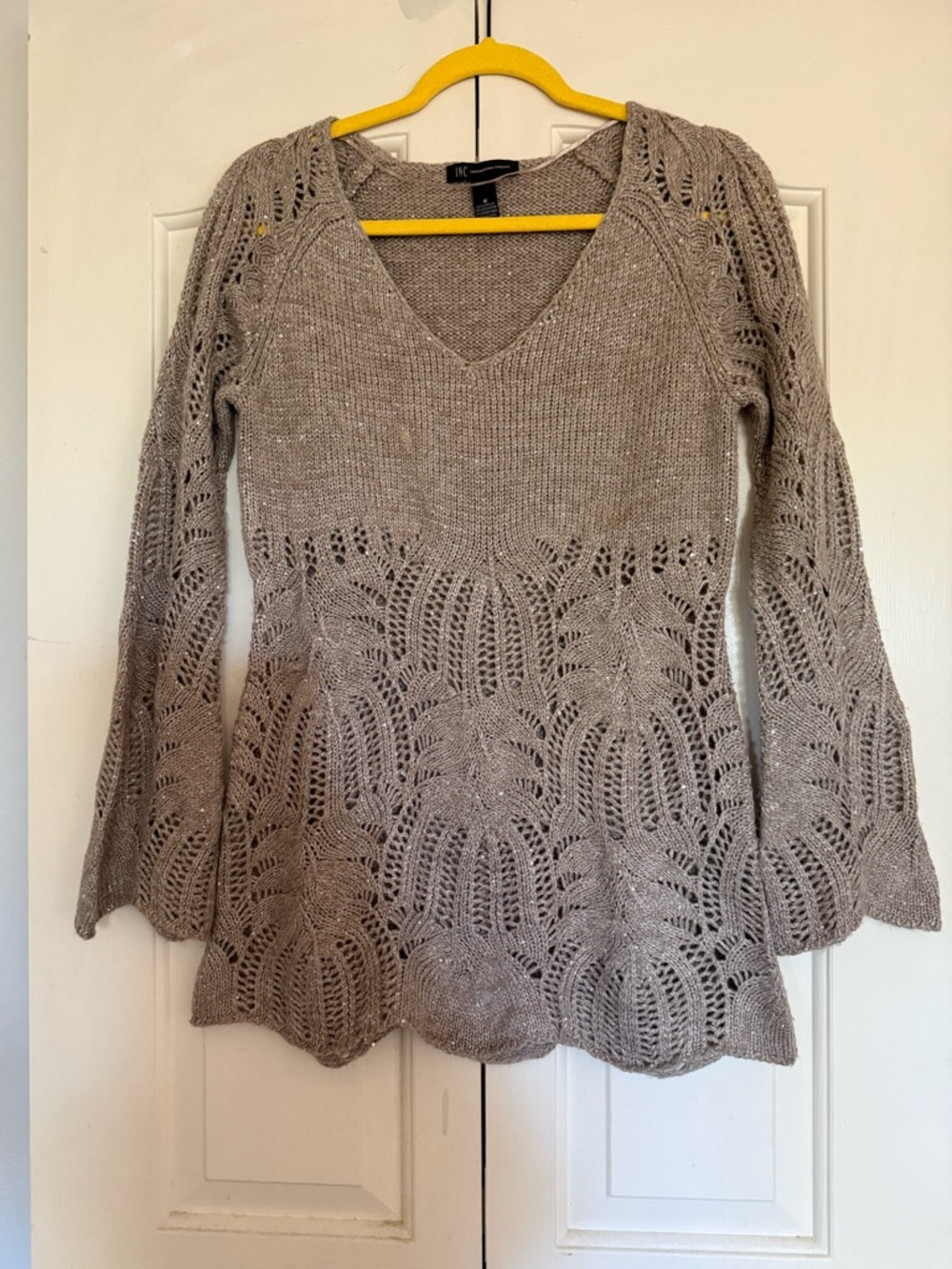 INC International Concepts Taupe Knit V-Neck Sweater with sequin detail